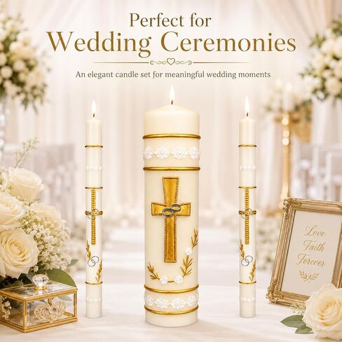 Unity Candles for Wedding Ceremony Set,Wedding Candles 1 Pillar 11.5 Inch and 2 Taper 10 Inch Set 3,Catholic Religious Ceremony Accessories,Velas para Boda (Cross & Rings) in Saudi Arabia
