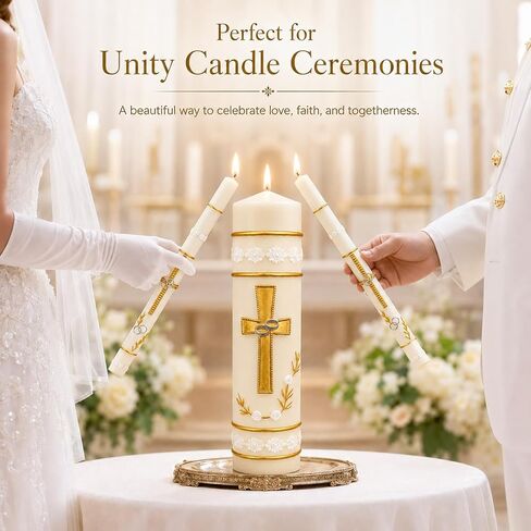 Unity Candles for Wedding Ceremony Set,Wedding Candles 1 Pillar 11.5 Inch and 2 Taper 10 Inch Set 3,Catholic Religious Ceremony Accessories,Velas para Boda (Cross & Rings) in Saudi Arabia