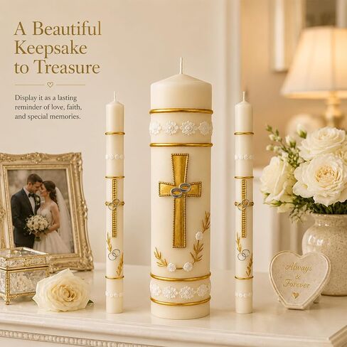 Unity Candles for Wedding Ceremony Set,Wedding Candles 1 Pillar 11.5 Inch and 2 Taper 10 Inch Set 3,Catholic Religious Ceremony Accessories,Velas para Boda (Cross & Rings) in Saudi Arabia