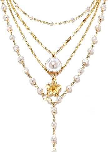 Gold-plating Necklaces for Women, Pearl Seashell Flower Pendant Necklace, Boho Lariat Long Necklace Set, Trendy Summer Beach Jewelry in Saudi Arabia