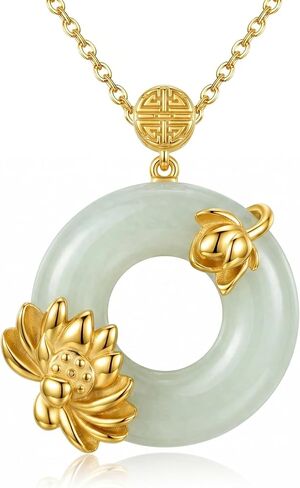 Jade Necklace 18K Yellow Gold Plated Jade Lotus Pendant Meaningful Healing Jewelry Gift for Women in Saudi Arabia