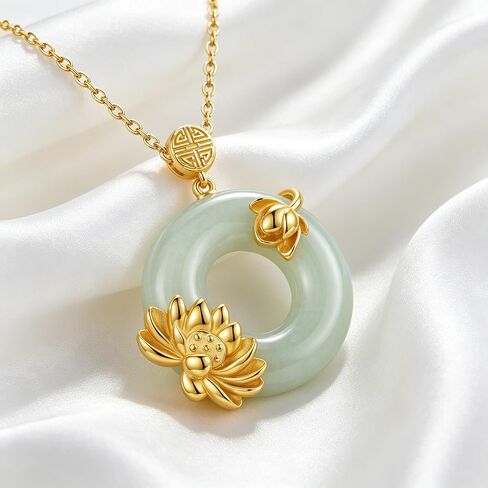 Jade Necklace 18K Yellow Gold Plated Jade Lotus Pendant Meaningful Healing Jewelry Gift for Women in Saudi Arabia
