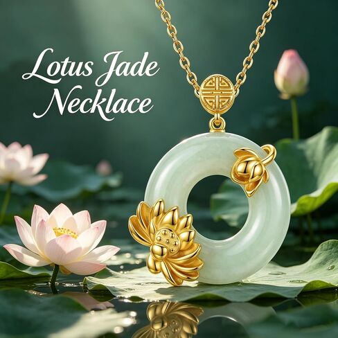 Jade Necklace 18K Yellow Gold Plated Jade Lotus Pendant Meaningful Healing Jewelry Gift for Women in Saudi Arabia