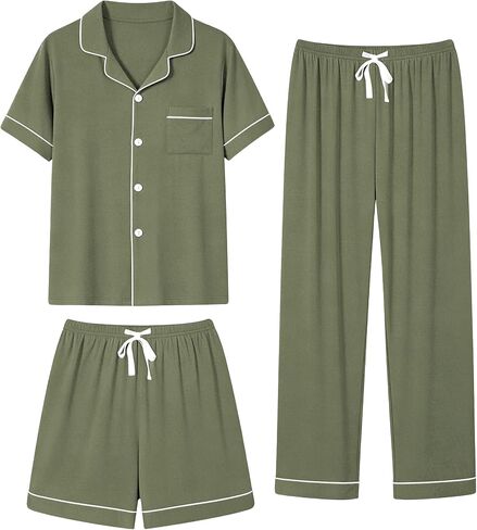 Men's 3 Piece Pajama Set Viscose Derived from Bamboo Short Sleeve Top with Shorts & Pants Pjs Sleepwear Loungwear in Kuwait