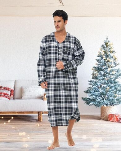 Alexander Del Rossa Men's Cotton Flannel Sleep Shirt, Long Sleeve Henley, Night Shirt with Pocket (A0471) in Kuwait