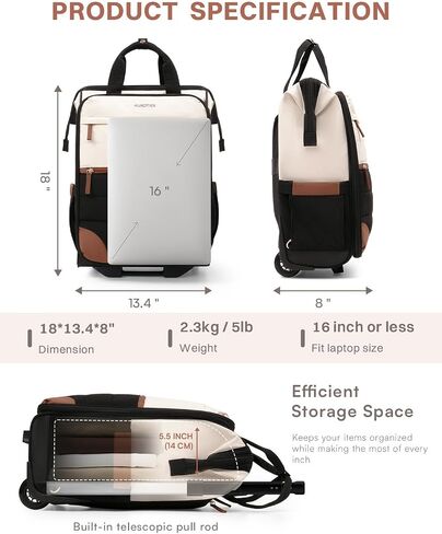 AUROTIER Rolling Puffer Backpack for Women, Travel Backpack with Wheels, 16 Inch Wheeled Laptop Backpack, Dual-Opening Design Overnight College Underseat Carry on Luggage, Roller Business Work Bag in Saudi Arabia