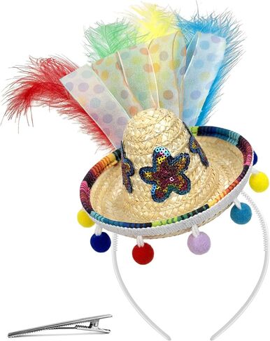 Mini Straw Sombrero Headband with Feathers & Pom Poms, Cinco De Mayo Fiesta Hair Accessory for Mexican Halloween Theme Party, Costume, Photo Prop, Gift Red in Saudi Arabia