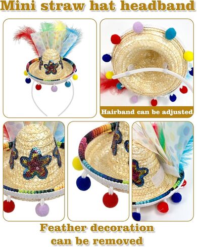 Mini Straw Sombrero Headband with Feathers & Pom Poms, Cinco De Mayo Fiesta Hair Accessory for Mexican Halloween Theme Party, Costume, Photo Prop, Gift Red in Saudi Arabia