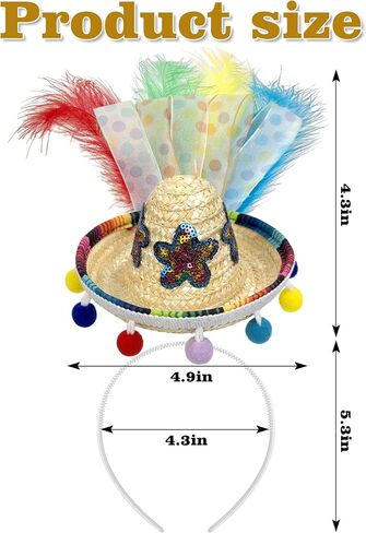 Mini Straw Sombrero Headband with Feathers & Pom Poms, Cinco De Mayo Fiesta Hair Accessory for Mexican Halloween Theme Party, Costume, Photo Prop, Gift Red in Saudi Arabia