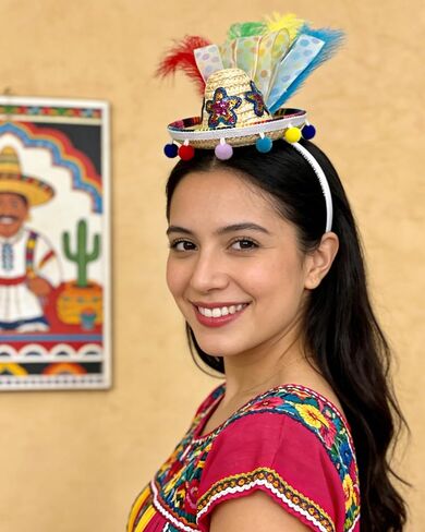 Mini Straw Sombrero Headband with Feathers & Pom Poms, Cinco De Mayo Fiesta Hair Accessory for Mexican Halloween Theme Party, Costume, Photo Prop, Gift Red in Saudi Arabia