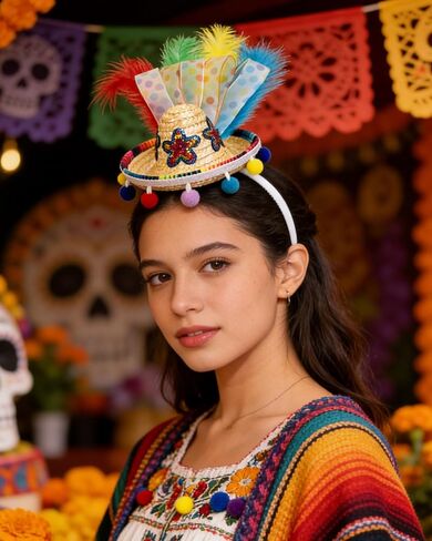 Mini Straw Sombrero Headband with Feathers & Pom Poms, Cinco De Mayo Fiesta Hair Accessory for Mexican Halloween Theme Party, Costume, Photo Prop, Gift Red in Saudi Arabia