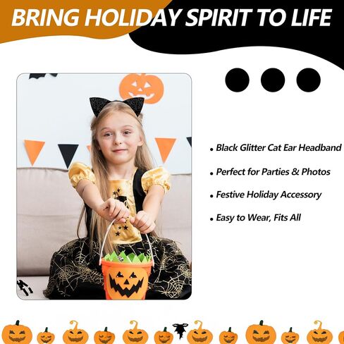 Black Cat Ears Headband – Glittery Feline Costume Accessory for Halloween, Cat-Themed Parties, School Plays, and Dress-Up Events in Saudi Arabia