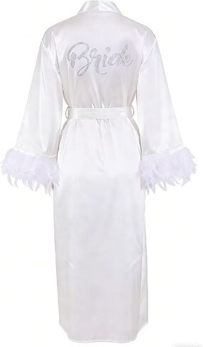 Bride Robe with Feather for Wedding Day Bridal Satin Robe Sexy Silk Bride Bathrobe Wedding Party Getting Ready Outfit in Kuwait