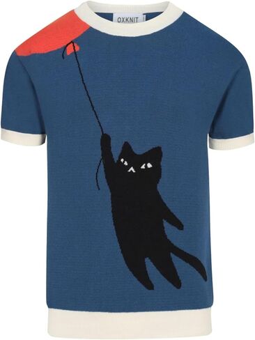 OXKNIT Men's Retro Blue Knitted T-Shirt Short Sleeve, Mod Style Cat Pattern Crewneck Cotton Tops in Saudi Arabia