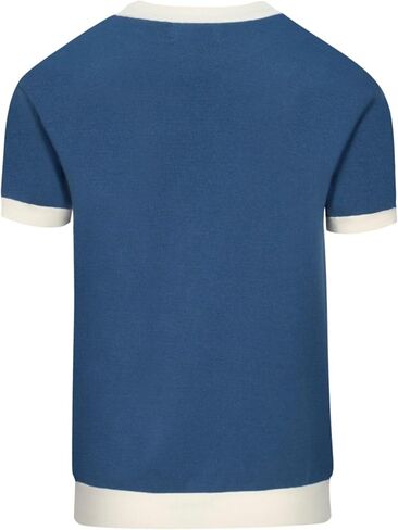 OXKNIT Men's Retro Blue Knitted T-Shirt Short Sleeve, Mod Style Cat Pattern Crewneck Cotton Tops in Saudi Arabia