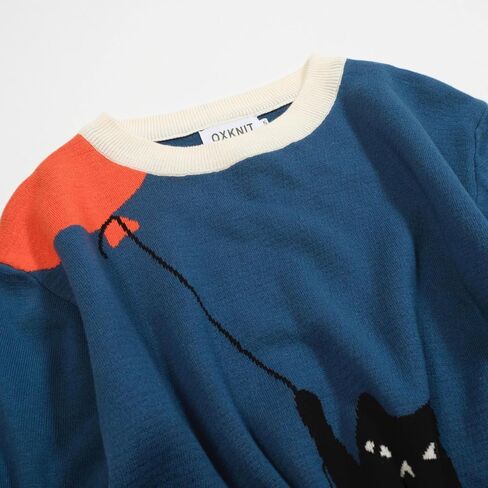 OXKNIT Men's Retro Blue Knitted T-Shirt Short Sleeve, Mod Style Cat Pattern Crewneck Cotton Tops in Saudi Arabia