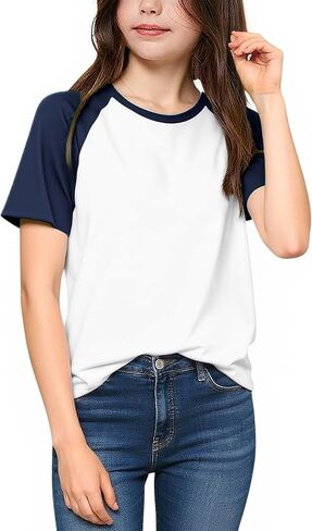 Girls Short Sleeve T Shirts Kids Summer Casual Tops Crewneck Color Block Fashion Tees 5-14 Years in Kuwait