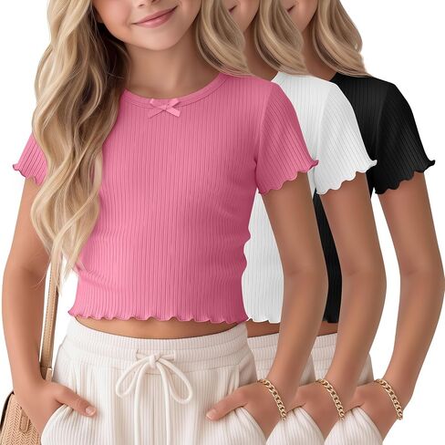 3 Pack Girls Crop Tops Ribbed Cotton Short Sleeve Shirts Lettuce Trim Crewneck T Shirts Summer Cute Tees with Bow in Saudi Arabia