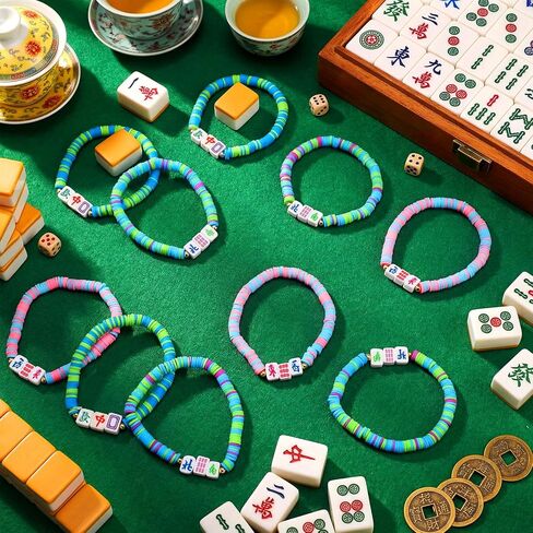 Sureio 24 Pcs Mahjong Beaded Bracelets Stretch Gifts Stackable Elastic Layering Bracelets Mah Jong Game Night Mahjong-loving Gals Family Play Day Theme Birthday Party Decorations for Women Men in Kuwait