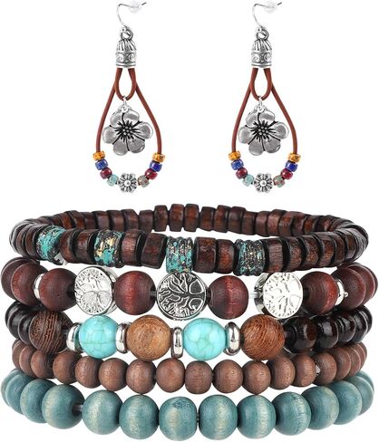 Mikovivi Bohemian Earrings and Bracelet Set for Women, Vintage Natural Stone Flower Dangle Earrings with Beaded Bracelets Jewelry Gift in Kuwait