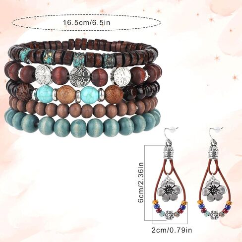 Mikovivi Bohemian Earrings and Bracelet Set for Women, Vintage Natural Stone Flower Dangle Earrings with Beaded Bracelets Jewelry Gift in Kuwait