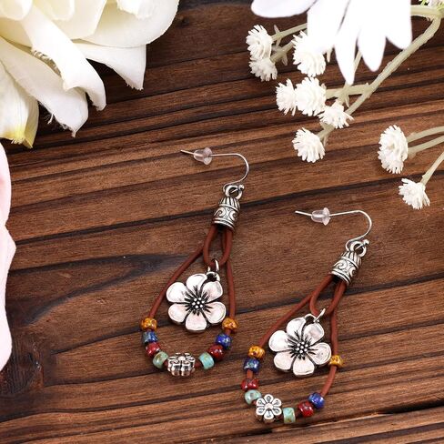 Mikovivi Bohemian Earrings and Bracelet Set for Women, Vintage Natural Stone Flower Dangle Earrings with Beaded Bracelets Jewelry Gift in Kuwait