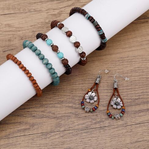 Mikovivi Bohemian Earrings and Bracelet Set for Women, Vintage Natural Stone Flower Dangle Earrings with Beaded Bracelets Jewelry Gift in Kuwait
