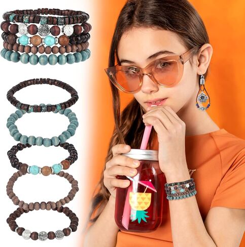 Mikovivi Bohemian Earrings and Bracelet Set for Women, Vintage Natural Stone Flower Dangle Earrings with Beaded Bracelets Jewelry Gift in Kuwait