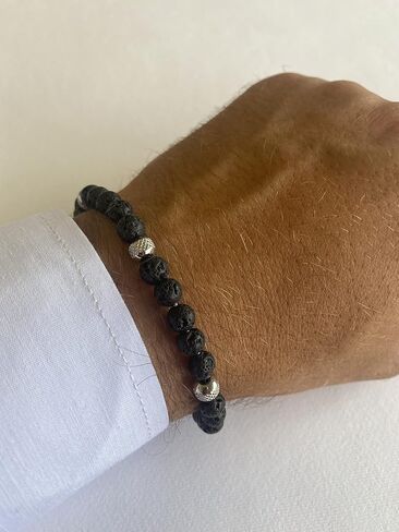 10:10 Lava Stone Bracelet for Men & Women – Natural Beaded Gemstones, Stainless Steel, Adjustable Stretch – Handmade in Italy in Saudi Arabia