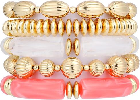 RISHEGAE Chunky Bangle Bracelets for Women Stackable Resin Bamboo Tube Bracelet Stretch Gold Beaded Bracelets Summer Beach Surfer Bracelets Gift Jewelry in Saudi Arabia