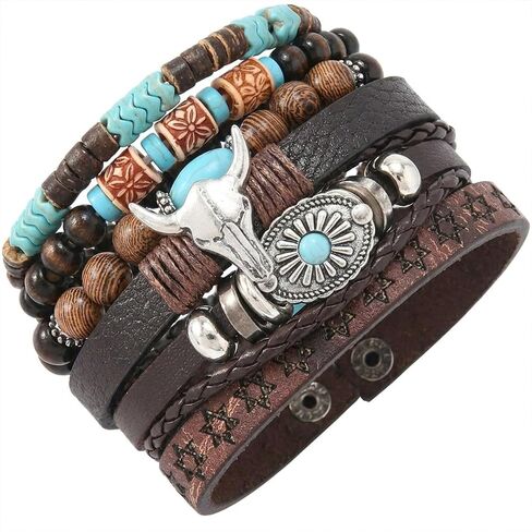 Western Bracelet for Women,Turquoise Beaded Stretch Bracelets,Bohemian Cowgirl Western Jewelry Set,Vintage Stackable Bull Head Cowboy Boots Feather Bracelets,Country Ethnic Accessories in Saudi Arabia