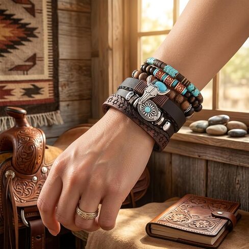 Western Bracelet for Women,Turquoise Beaded Stretch Bracelets,Bohemian Cowgirl Western Jewelry Set,Vintage Stackable Bull Head Cowboy Boots Feather Bracelets,Country Ethnic Accessories in Saudi Arabia