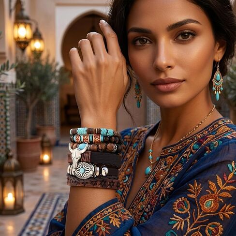 Western Bracelet for Women,Turquoise Beaded Stretch Bracelets,Bohemian Cowgirl Western Jewelry Set,Vintage Stackable Bull Head Cowboy Boots Feather Bracelets,Country Ethnic Accessories in Saudi Arabia