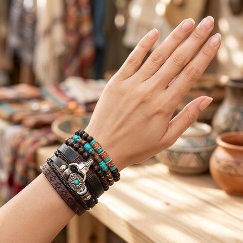 Western Bracelet for Women,Turquoise Beaded Stretch Bracelets,Bohemian Cowgirl Western Jewelry Set,Vintage Stackable Bull Head Cowboy Boots Feather Bracelets,Country Ethnic Accessories in Saudi Arabia