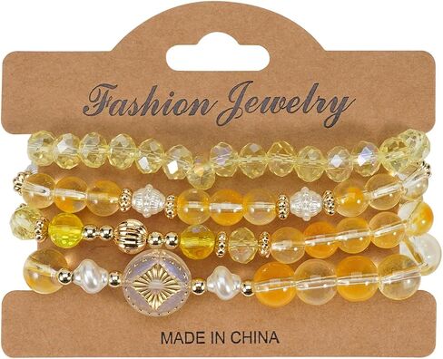 Boho Beaded Bracelet Set for Women - 4 Pcs Multilayer Stackable Crystal Glass Bead Bracelets with Faux Pearl Elastic Stretch Fashion Jewelry for Daily Wear, Beach, Party & Gifts in Kuwait