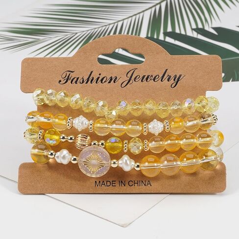 Boho Beaded Bracelet Set for Women - 4 Pcs Multilayer Stackable Crystal Glass Bead Bracelets with Faux Pearl Elastic Stretch Fashion Jewelry for Daily Wear, Beach, Party & Gifts in Kuwait