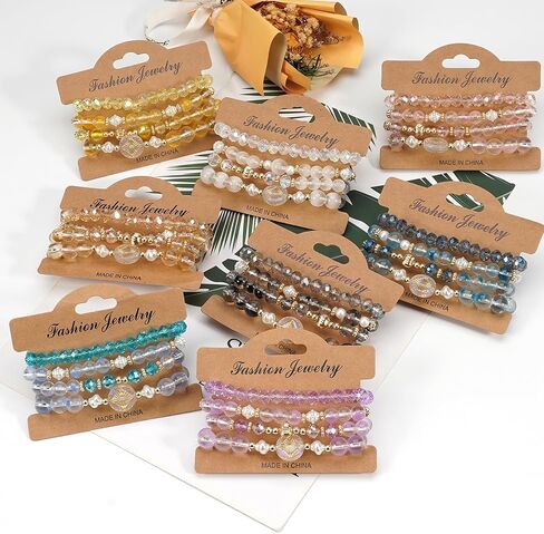 Boho Beaded Bracelet Set for Women - 4 Pcs Multilayer Stackable Crystal Glass Bead Bracelets with Faux Pearl Elastic Stretch Fashion Jewelry for Daily Wear, Beach, Party & Gifts in Kuwait