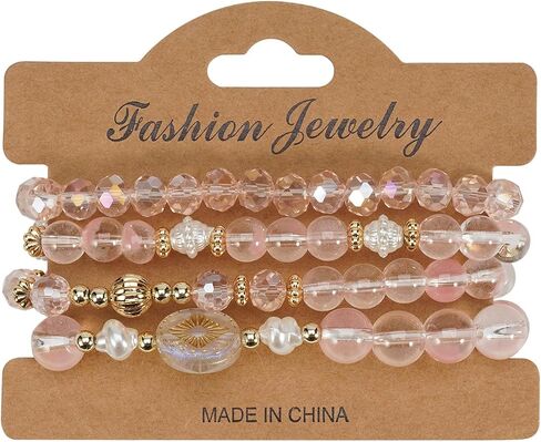 Boho Beaded Bracelet Set for Women - 4 Pcs Multilayer Stackable Crystal Glass Bead Bracelets with Faux Pearl Elastic Stretch Fashion Jewelry for Daily Wear, Beach, Party & Gifts in Kuwait