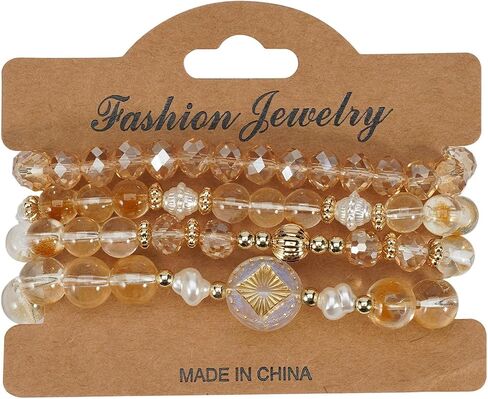 Boho Beaded Bracelet Set for Women - 4 Pcs Multilayer Stackable Crystal Glass Bead Bracelets with Faux Pearl Elastic Stretch Fashion Jewelry for Daily Wear, Beach, Party & Gifts in Kuwait