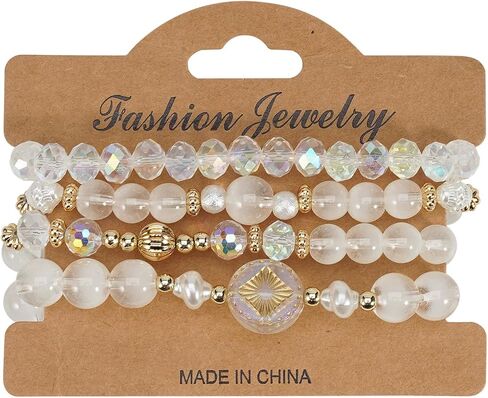 Boho Beaded Bracelet Set for Women - 4 Pcs Multilayer Stackable Crystal Glass Bead Bracelets with Faux Pearl Elastic Stretch Fashion Jewelry for Daily Wear, Beach, Party & Gifts in Kuwait