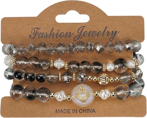 Boho Beaded Bracelet Set for Women - 4 Pcs Multilayer Stackable Crystal Glass Bead Bracelets with Faux Pearl Elastic Stretch Fashion Jewelry for Daily Wear, Beach, Party & Gifts in Kuwait