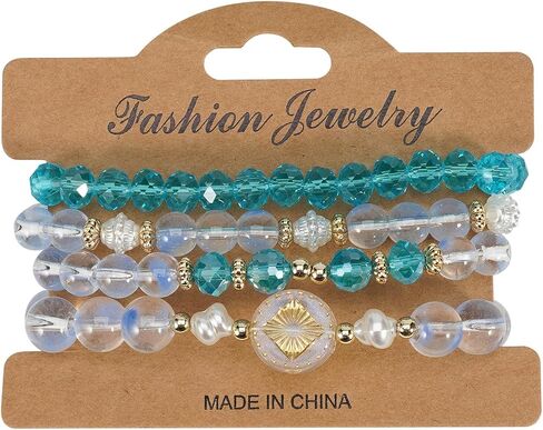 Boho Beaded Bracelet Set for Women - 4 Pcs Multilayer Stackable Crystal Glass Bead Bracelets with Faux Pearl Elastic Stretch Fashion Jewelry for Daily Wear, Beach, Party & Gifts in Kuwait