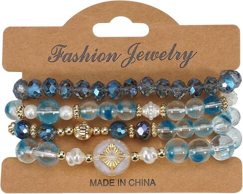 Boho Beaded Bracelet Set for Women - 4 Pcs Multilayer Stackable Crystal Glass Bead Bracelets with Faux Pearl Elastic Stretch Fashion Jewelry for Daily Wear, Beach, Party & Gifts in Kuwait