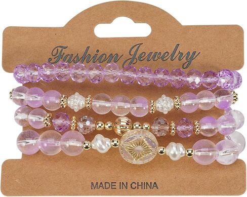 Boho Beaded Bracelet Set for Women - 4 Pcs Multilayer Stackable Crystal Glass Bead Bracelets with Faux Pearl Elastic Stretch Fashion Jewelry for Daily Wear, Beach, Party & Gifts in Kuwait