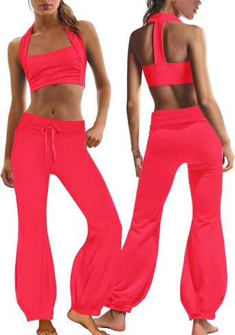 Nirovien 2 Piece Workout Sets for Women Summer Active Wear Sets High Impact Yoga Bra and Bubble Pants Gym Sets(Watermelon Red,M) in Saudi Arabia