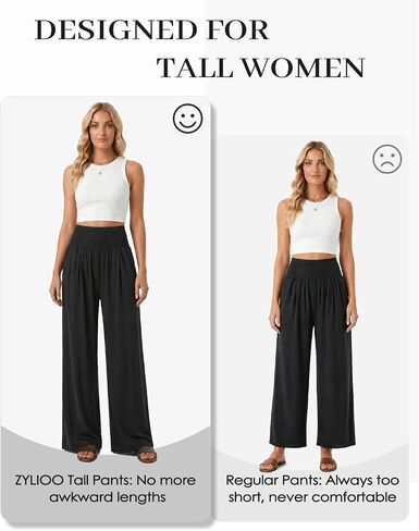 Zylioo Long Pants for Women Tall Wide Leg Palazzo Pants Elastic Waist Baggy Long Inseam Summer Lounge Bottoms Black in Kuwait