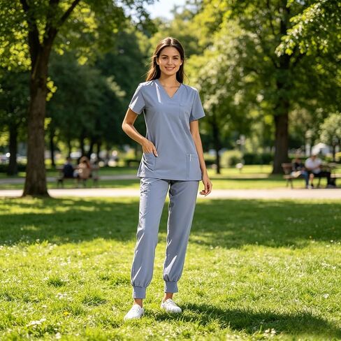 Women's Set, 2-Piece V-Neck Short Sleeve Top & Jogger Pants, Comfortable Stretch Uniform with Multiple Pockets in Kuwait