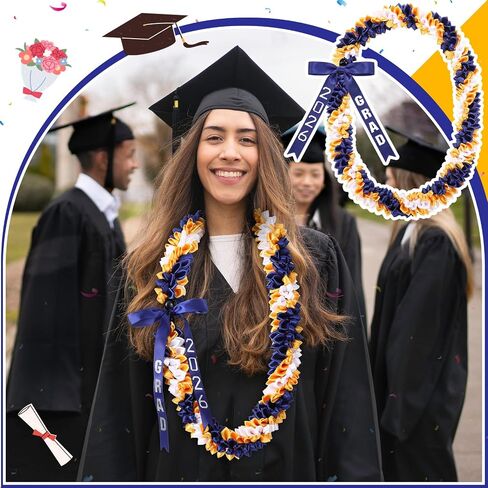 Suncalla 47" Graduation Lei 2026 Blue and Gold Graduation Necklace Double Braided Ribbon Lei Hawaiian Flower Garland with Heart Kukui Class of 2026 Grad Gift Accessories for Men Women in Kuwait