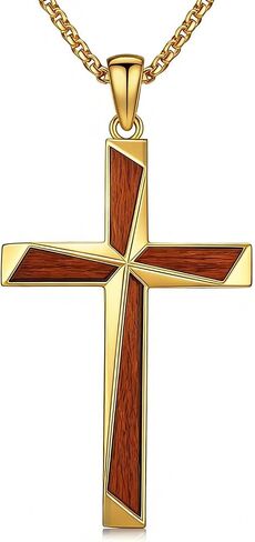 Wooden Cross Necklace 14K Gold Plated Crucifix Pendant Christian Catholic Jewelry Religious Gifts for Men Him Women in Kuwait
