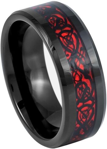 8mm Tungsten Carbide Ring for Men, Black IP Wedding Band with Red Celtic Dragon Cut-Out Inlay, Polished Beveled Edge Comfort Fit Anniversary Promise Ring in Kuwait